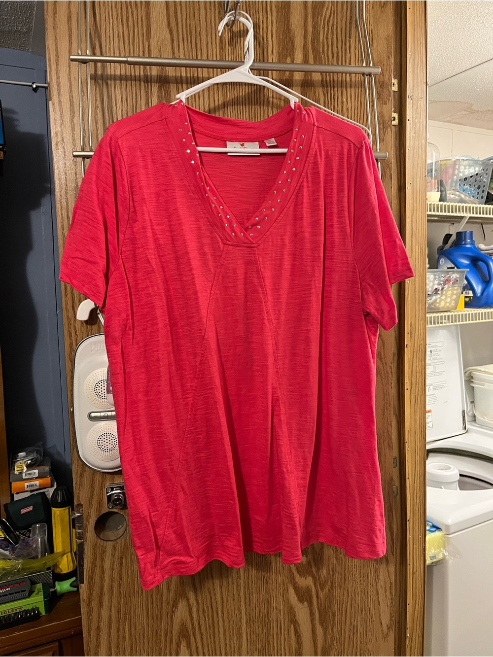 Quacker Factory Raspberry V-Neck Short Sleeve Tee with Stud Detail